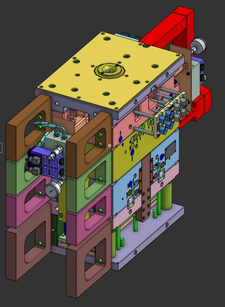 Complete outer-headband mold model with its plate stack, guide elements and external mechanisms.