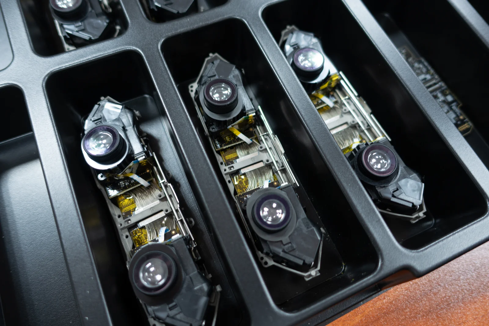 Subassemblies in process on the production line, photographed at a moment in the build.
