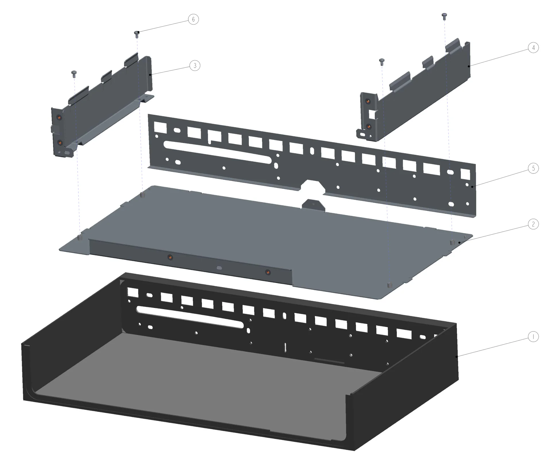 Exploded cover assembly: the molded shell, top and side metal stiffeners, and rear shield. Detail from Kaleidescape drawing 520-1192-00 REV 4, sheet 1. CAD colors distinguish modeled components.